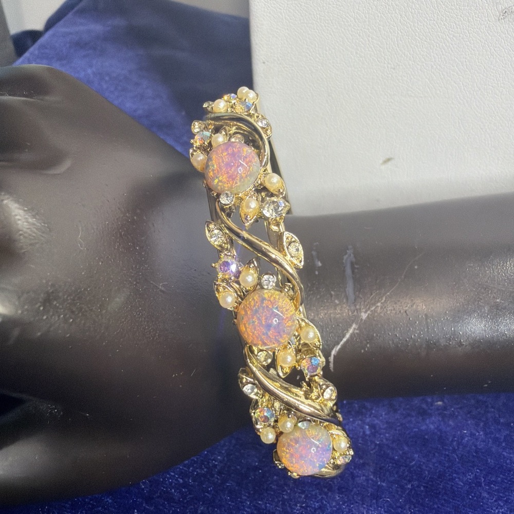 Vintage Lisner Bangle Gold-Tone Moon Glow 1960s Pink Rhinestone Pears Floral